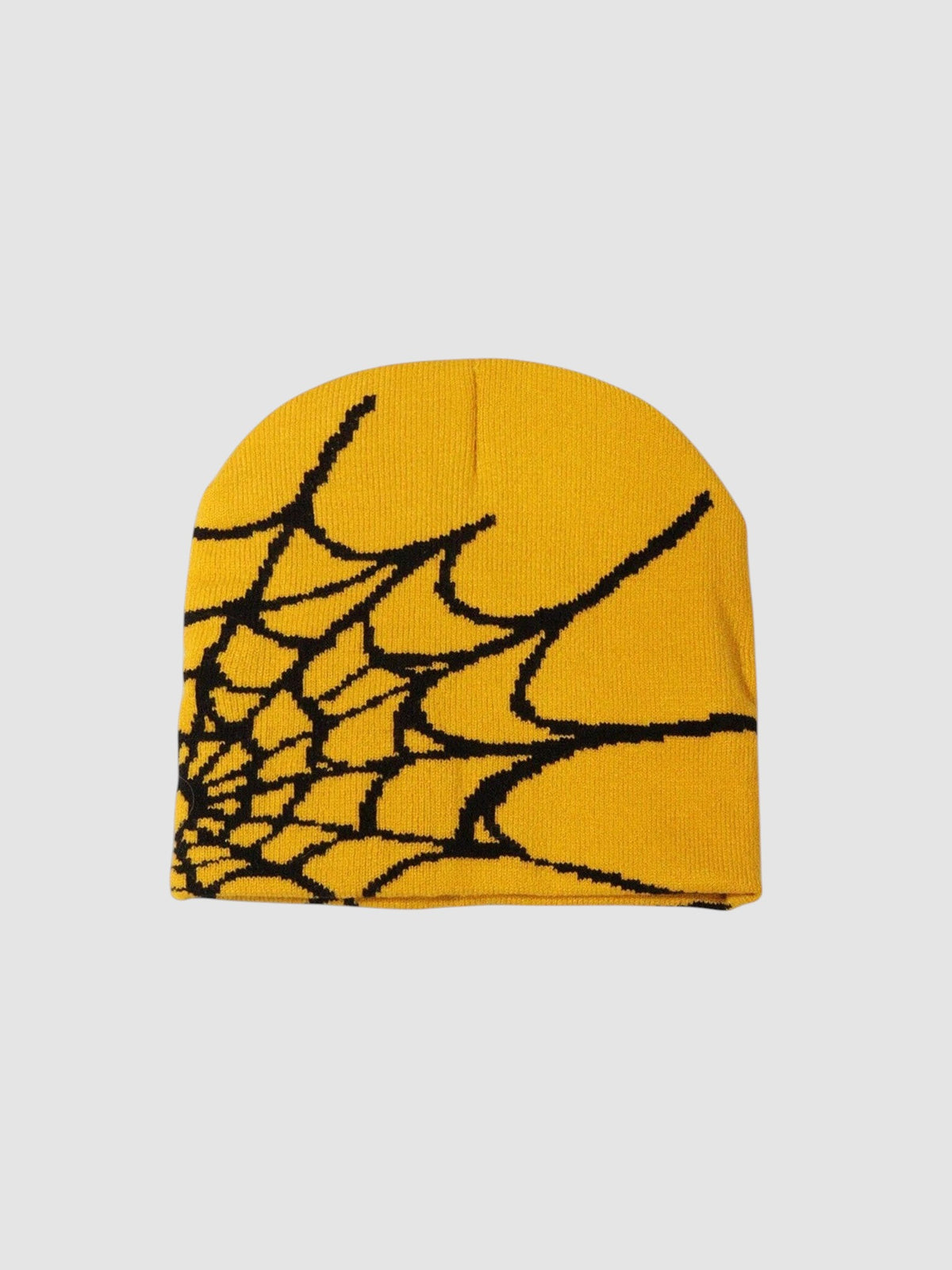 Y2K Studio yellow beanie with a black spider web pattern in a fine knit polyester fabric